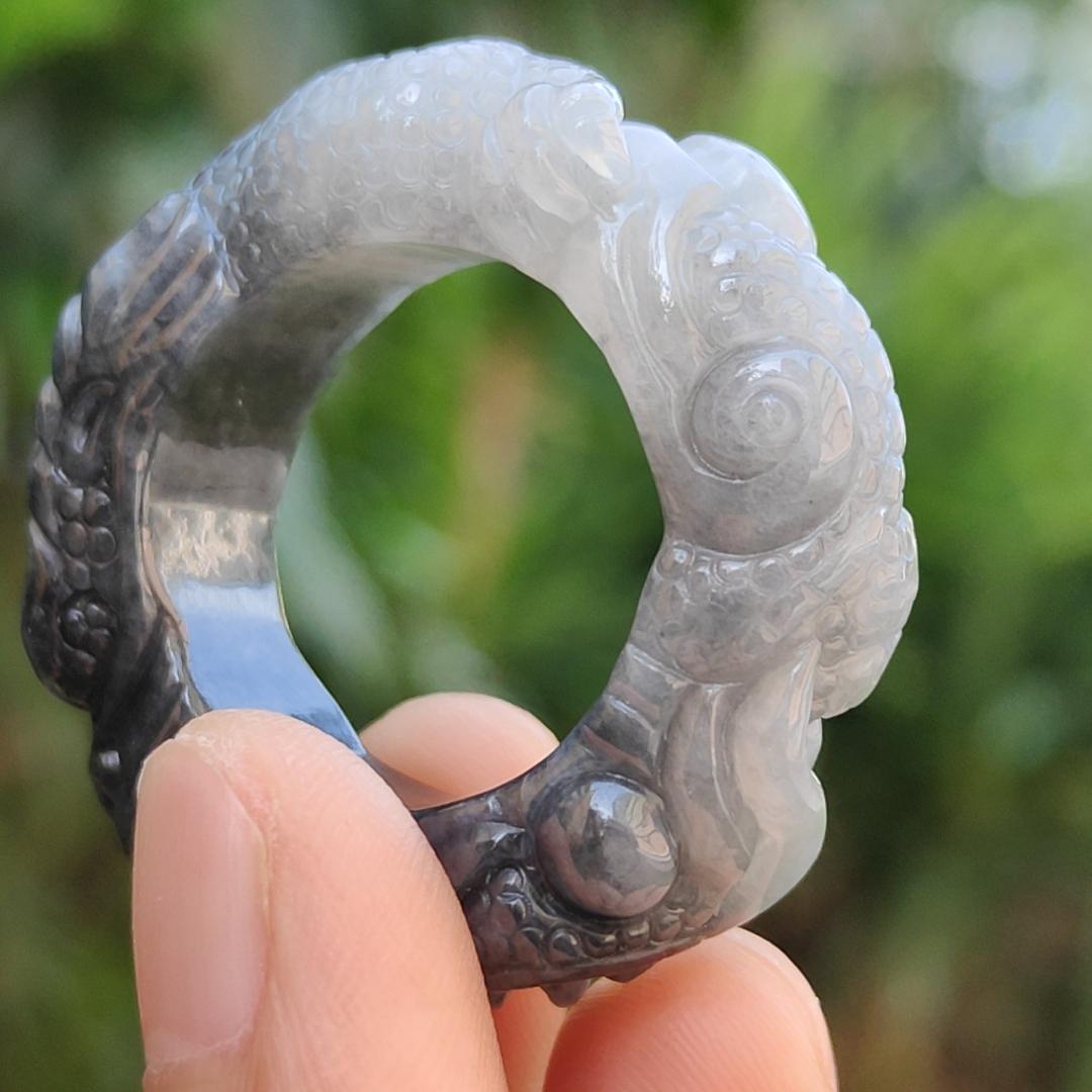 Black and White Natural Type A Jadeite Jade crafted with Dragon as 21mm Ring, certificate weigh 16.8 grams, measurement 10.5 * 8.3 mm (ring7)