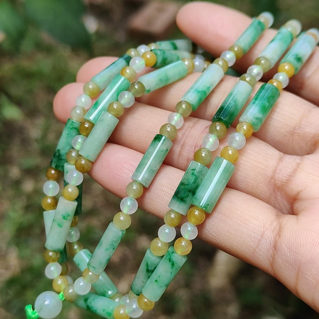 Green, Yellow, Semi Icy White Mix Beads Natural Type A Jadeite Jade as Bracelet or Necklace for your pendant with certificate weigh 31.94 grams. (bracelet18)