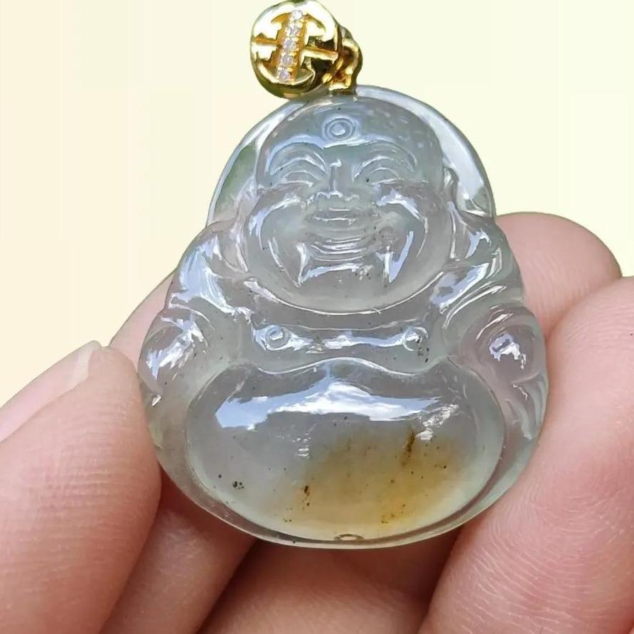 Rare Old Pit Icy Translucent with Yellow and Light Green Hue Collectible Natural Type A Jadeite Jade crafted as Milo Buddha added with 18k Gold Clasp as Pendant, certificate weighs 6.09 grams, measurement 26.8 * 23.2 * 6 mm (18kp63)