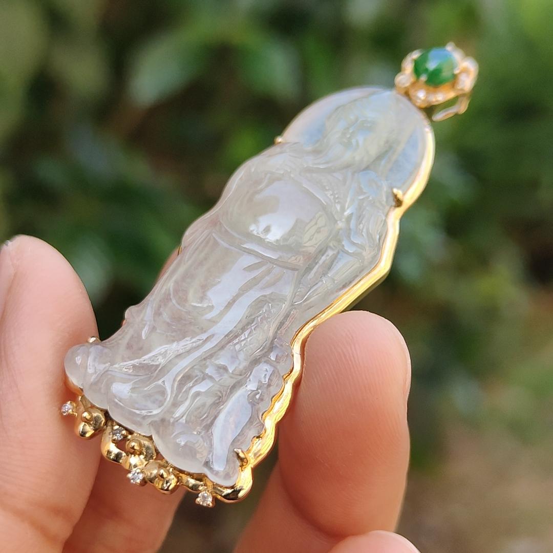 High Quality Light Green and Green Cabochon Icy Translucent Natural Type A Jadeite Jade crafted as Guan Gong set on 18k Gold as Pendant, certificate weighs 8.07 grams, measurement 57.2 * 22.7 * 5.8 mm (18kp46)