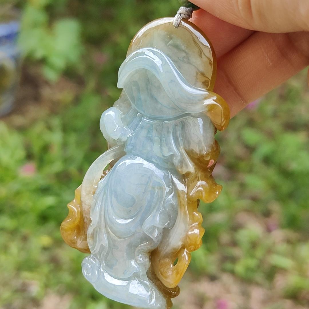 Special Sales - Very Rare Brown and Light Green Natural Type A Jadeite Jade crafted with Guan Gong as Pendant with certificate weigh 66.01 grams, measurement 70 * 43.7 * 18 mm (pendant228)