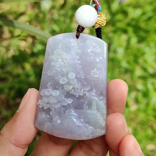 Lavender with green patches Crafted with People, Moutains, Trees, bridge, water, good for boosting personal fengshui Natural Type A Jadeite Pendant Necklace with certificate weigh 42.92 grams, 51.5 * 36.2 * 11.5 mm