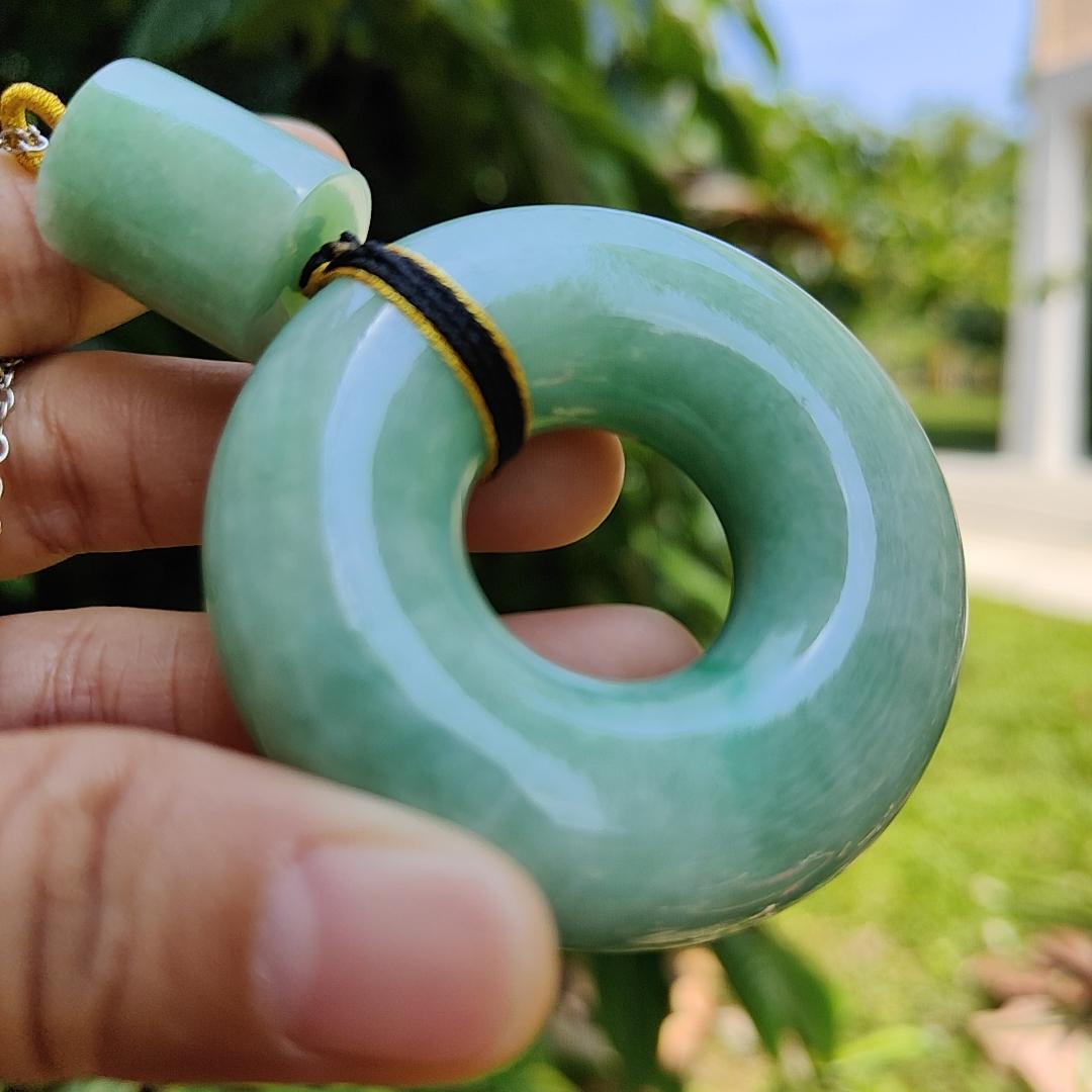 Hugh Light Green crafted with Shape of Donut and Cylinder Natural Type A Jadeite Jade as Pendant, certificate weighs 73.85 and 12.55 grams, measurements 52.8 * 52.7 * 14.3, 19.1 * 16.3 mm (pendant290)