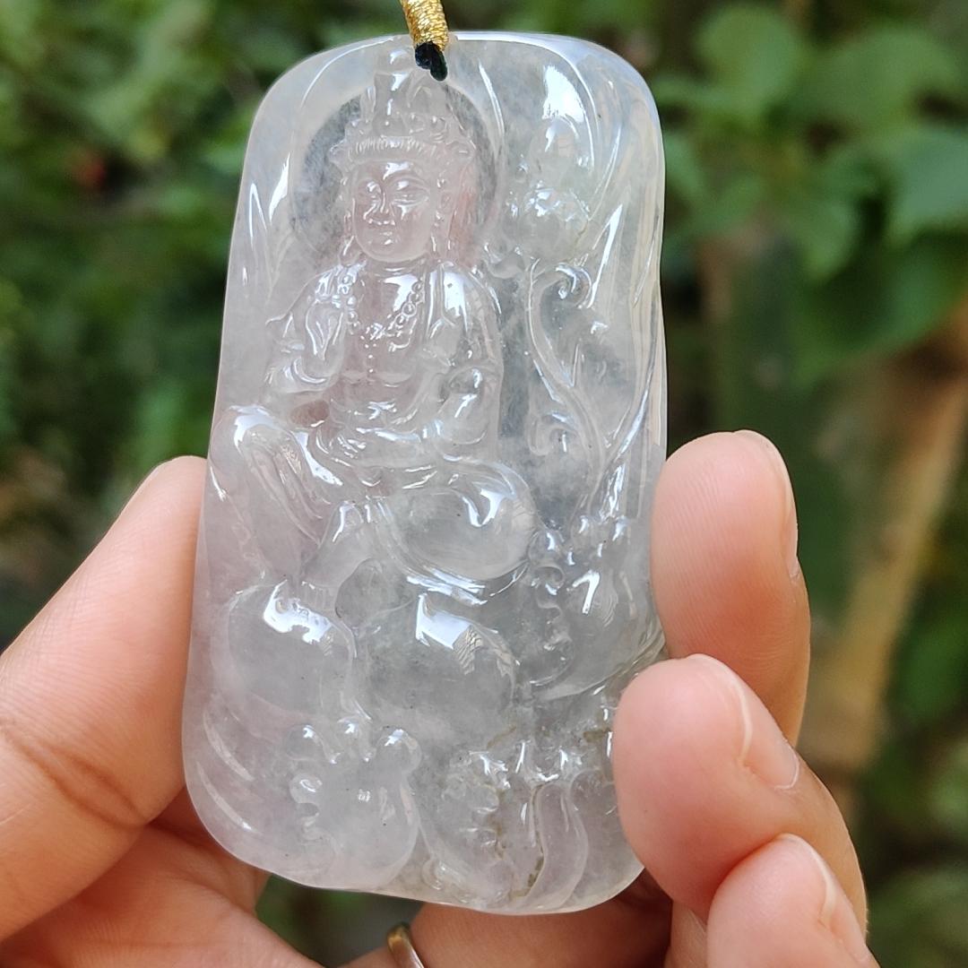 High Quality Icy Translucent Natural Type A Jadeite Jade crafted as Bodhisattva Pendant, certificate weighs 29.9 grams, measurement 64.5 * 40.3 * 5.5 mm (pendant286)