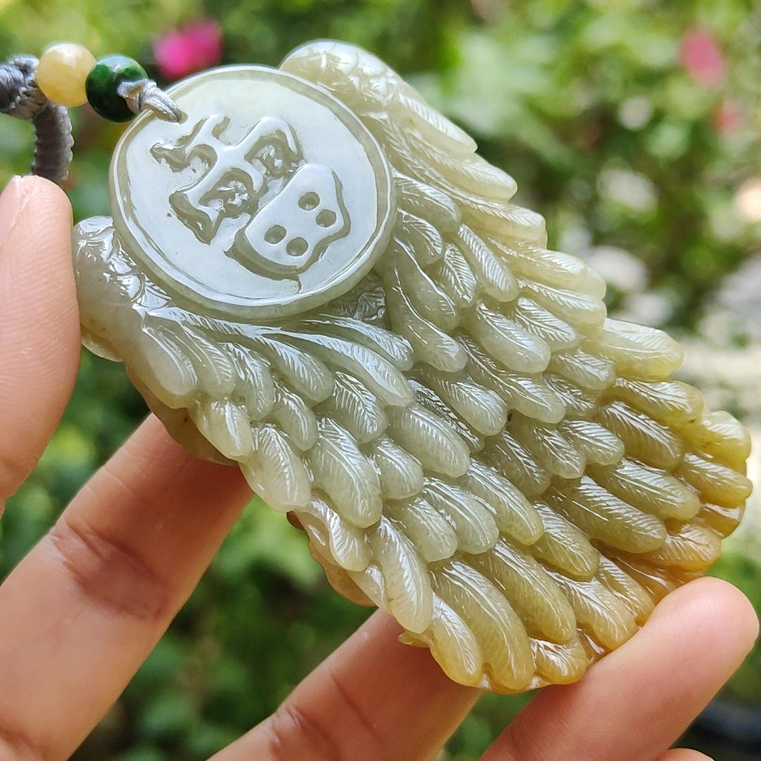 Super Rare Yellow with Light Green Hue Natural Type A Jadeite Jade crafted with shape of Lei Zhenzi as Pendant, certificate weighs 79.58 grams, measurement 69.8 * 42 * 19.5 (pendant257)