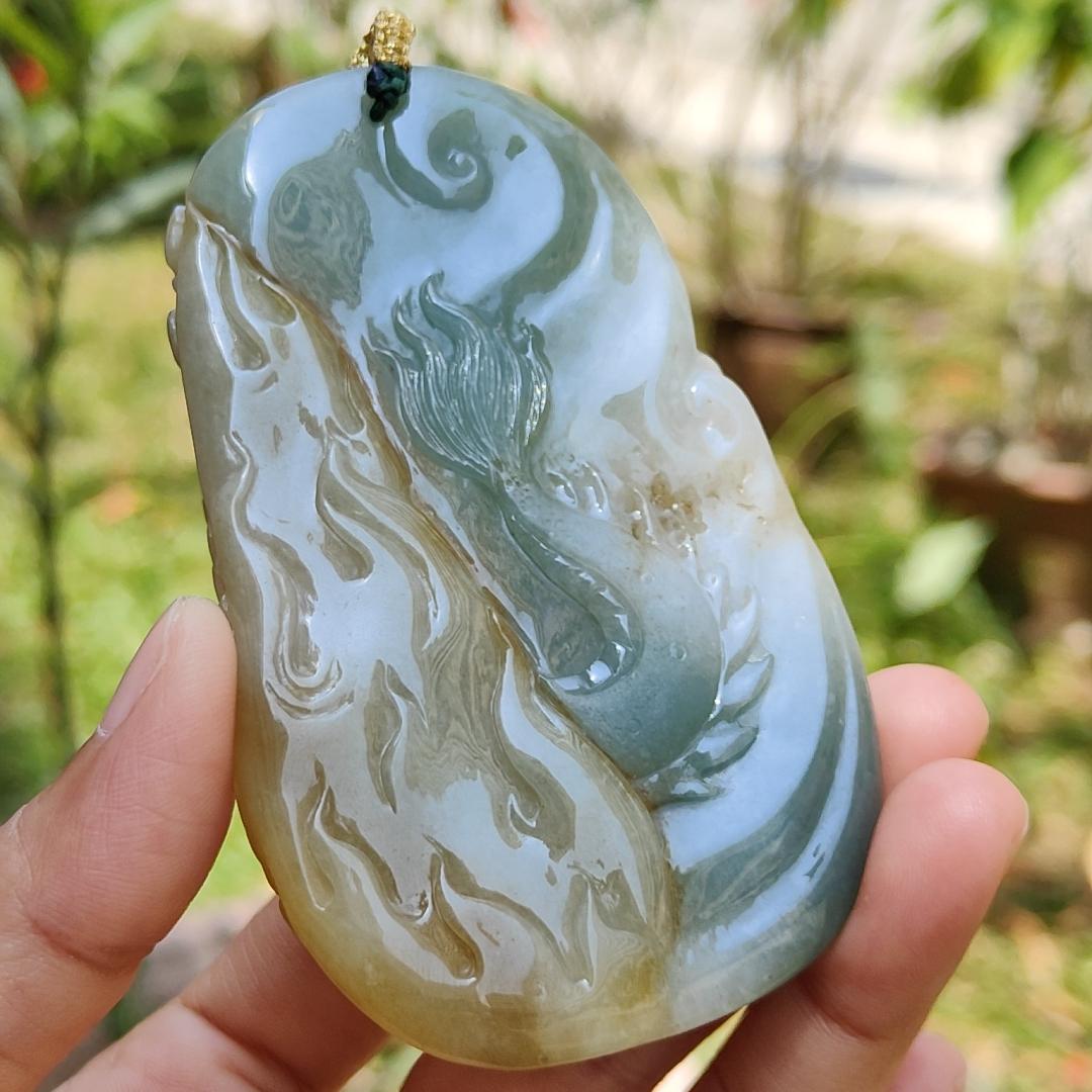 Light Green and Yellow Natural Type A Jadeite Jade Crafted with Dragon and Pheonix as Pendant, Certificate weigh 96.95 grams, measurement 90.2 * 55.7 * 11.5 mm (pendant222)