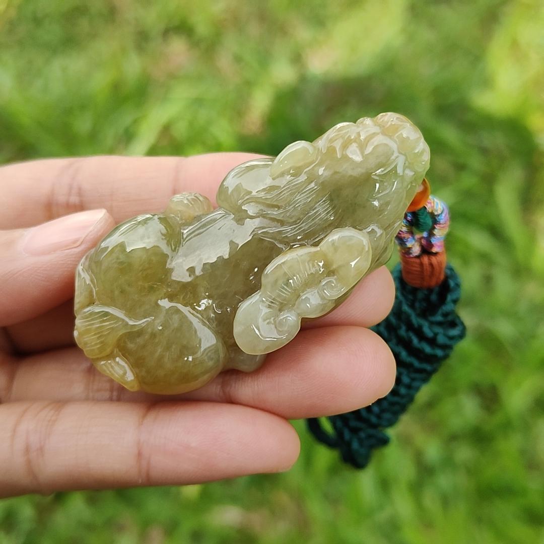 Premium Yellow Natural Type A Jadeite Pendant Necklace Crafted as Pixiu with Ruyi and Coin, certificate included weigh 39.48 grams, measurement 56.8 * 28.8 * 13 mm, suitable for daily wear and collectible (pendant41)