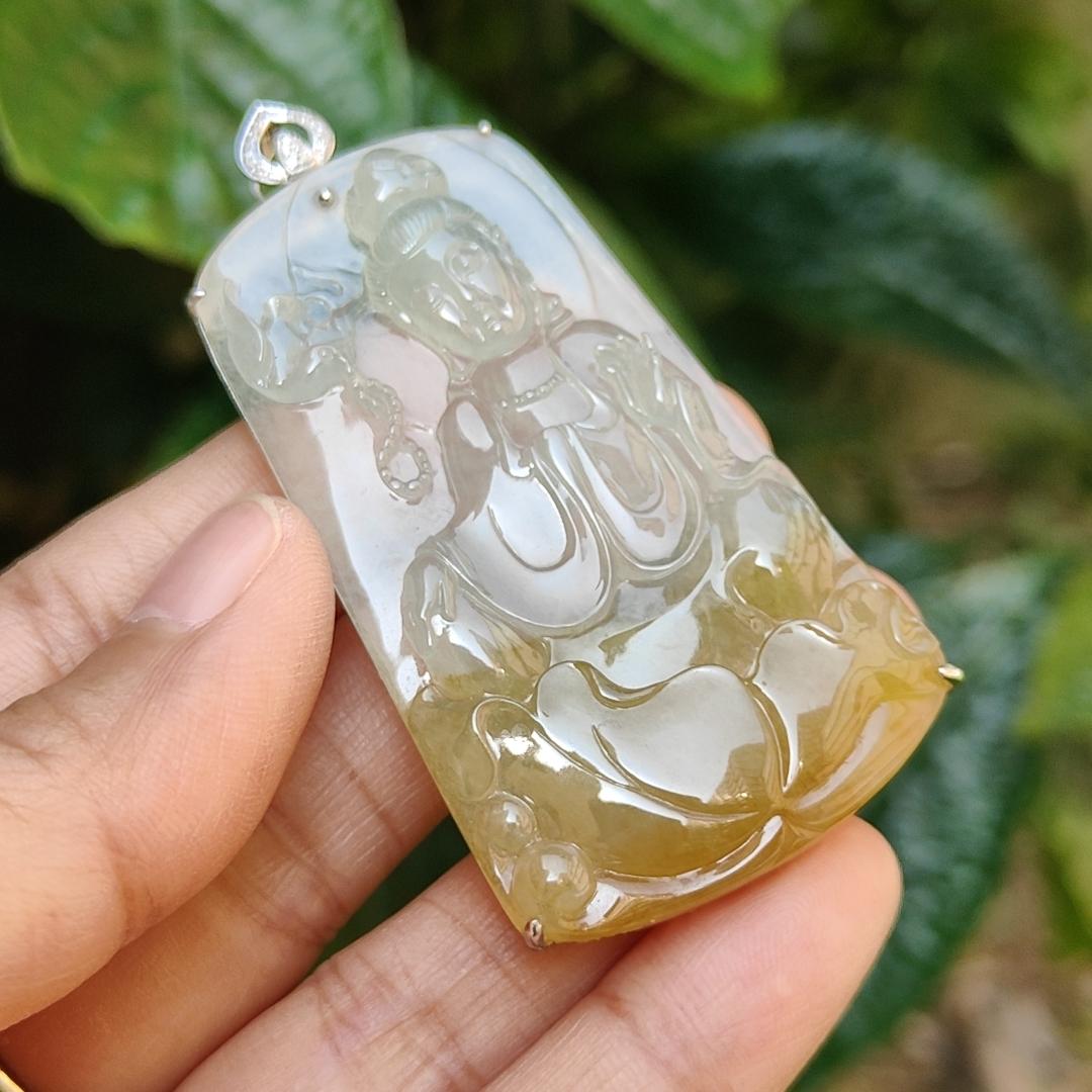 Icy Yellow Natural Type A Jadeite Jade crafted with Guanyin Seating on Lotus set with 18k gold and diamonds, certificate included weigh 18.11 grams, measurement 63.6 * 32 * 8.3 mm (18kp12)