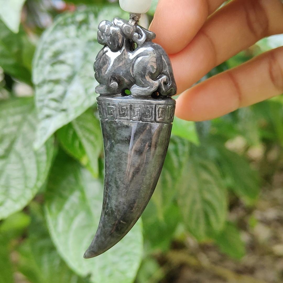 Black Wuji Natural Type A Jadeite Pendant Carved with Dragon Teeth plus Pixiu come with certificate weight 30.85, 70.3 * 23.1 * 13 mm (pendant100)