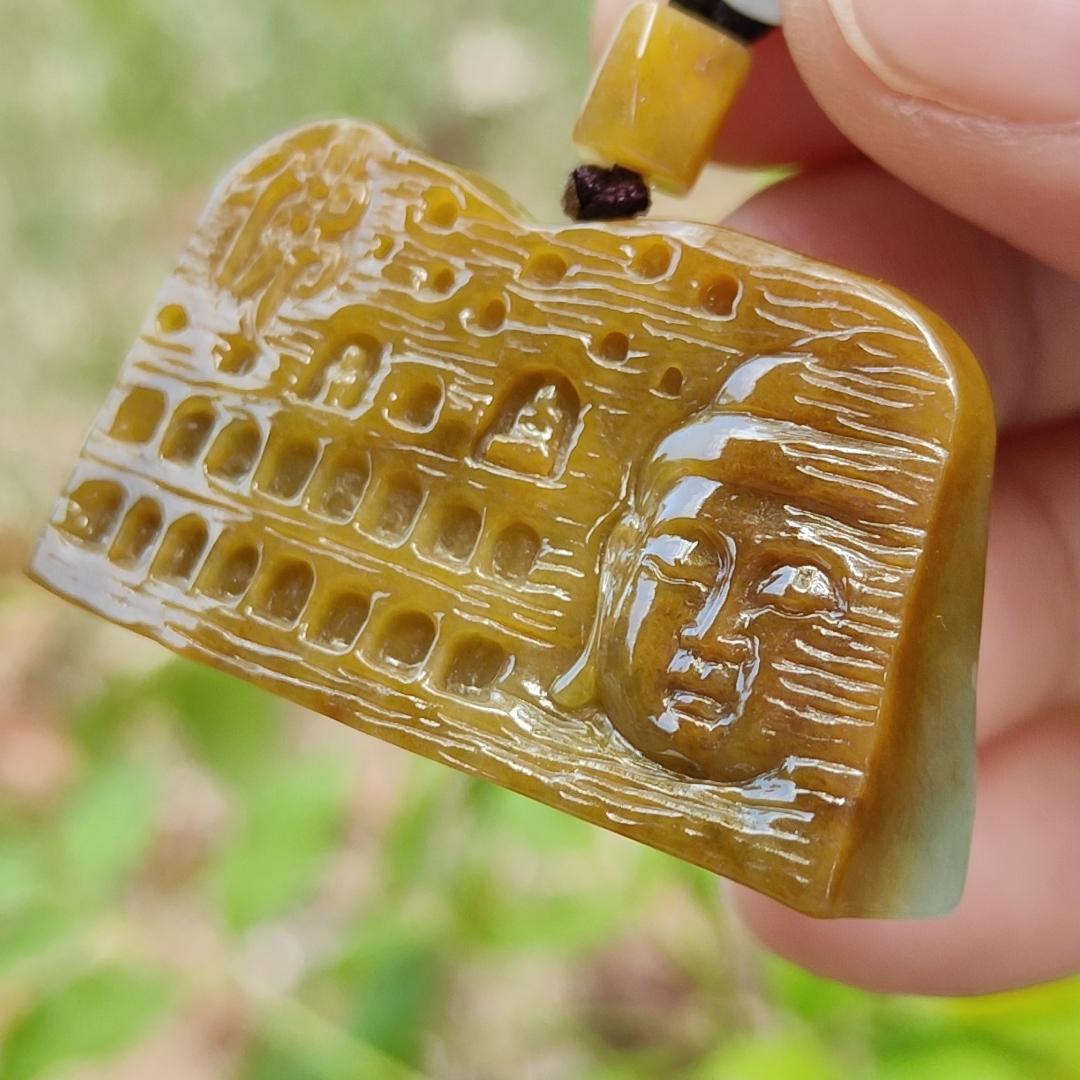 Special Price - Unique Rare Crafted with Mogao Caves on Brown Natural Type A Jadeite Jade as Pendant, certificate weighs 23.9 grams, measurement 23.1 * 41.5 * 13 mm (pendant287)