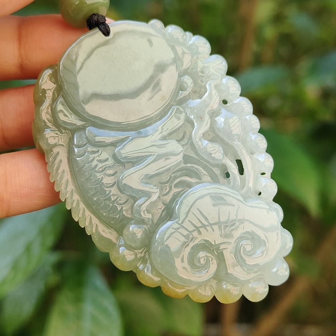 Tea Green Yellow Natural Type A Jadeite Pendant Carved as Dragon Head Fish Body meaning Prosperity, wealth and happiness with certificate weighs 49.67 grams, 62.60 * 43.50 * 12.10 mm (pendant93)