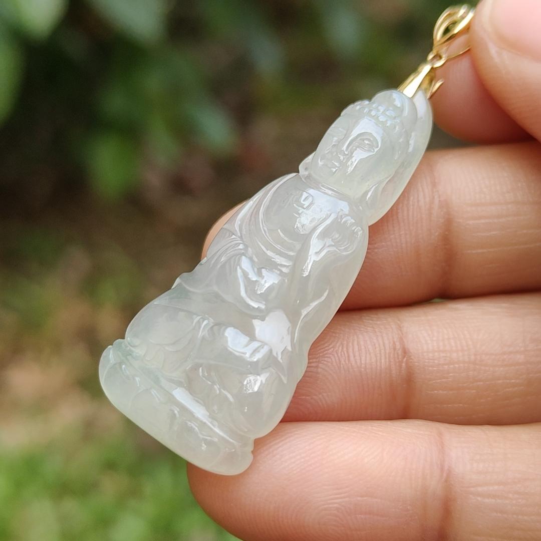 Icy Translucent Natural Type A Jadeite Jade crafted as Buddha with 18k gold clasp as Pendant, certificate weighs 6.78 grams, measurement 41.3 * 17.8 * 6.2 mm (18kp44)