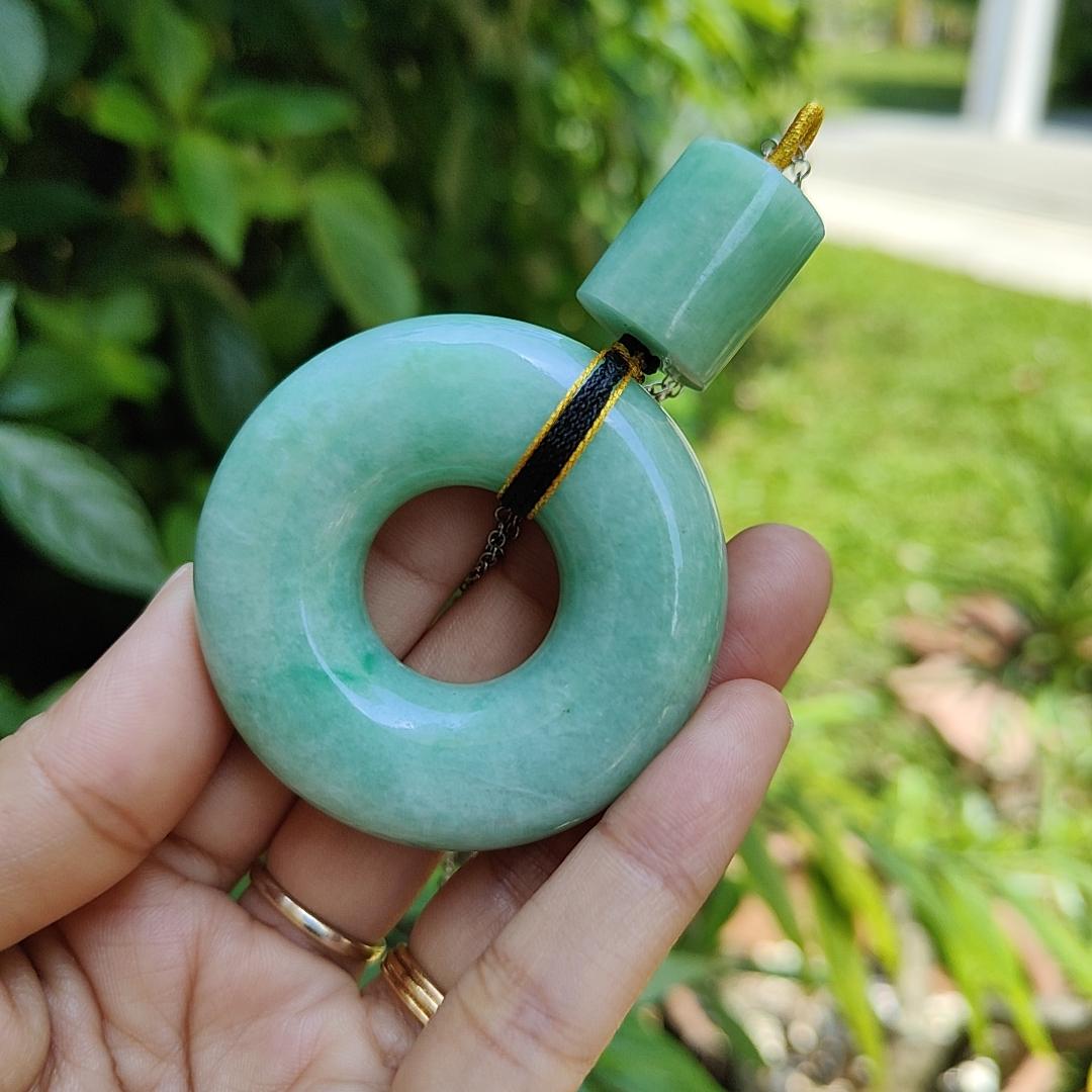 Hugh Light Green crafted with Shape of Donut and Cylinder Natural Type A Jadeite Jade as Pendant, certificate weighs 73.85 and 12.55 grams, measurements 52.8 * 52.7 * 14.3, 19.1 * 16.3 mm (pendant290)