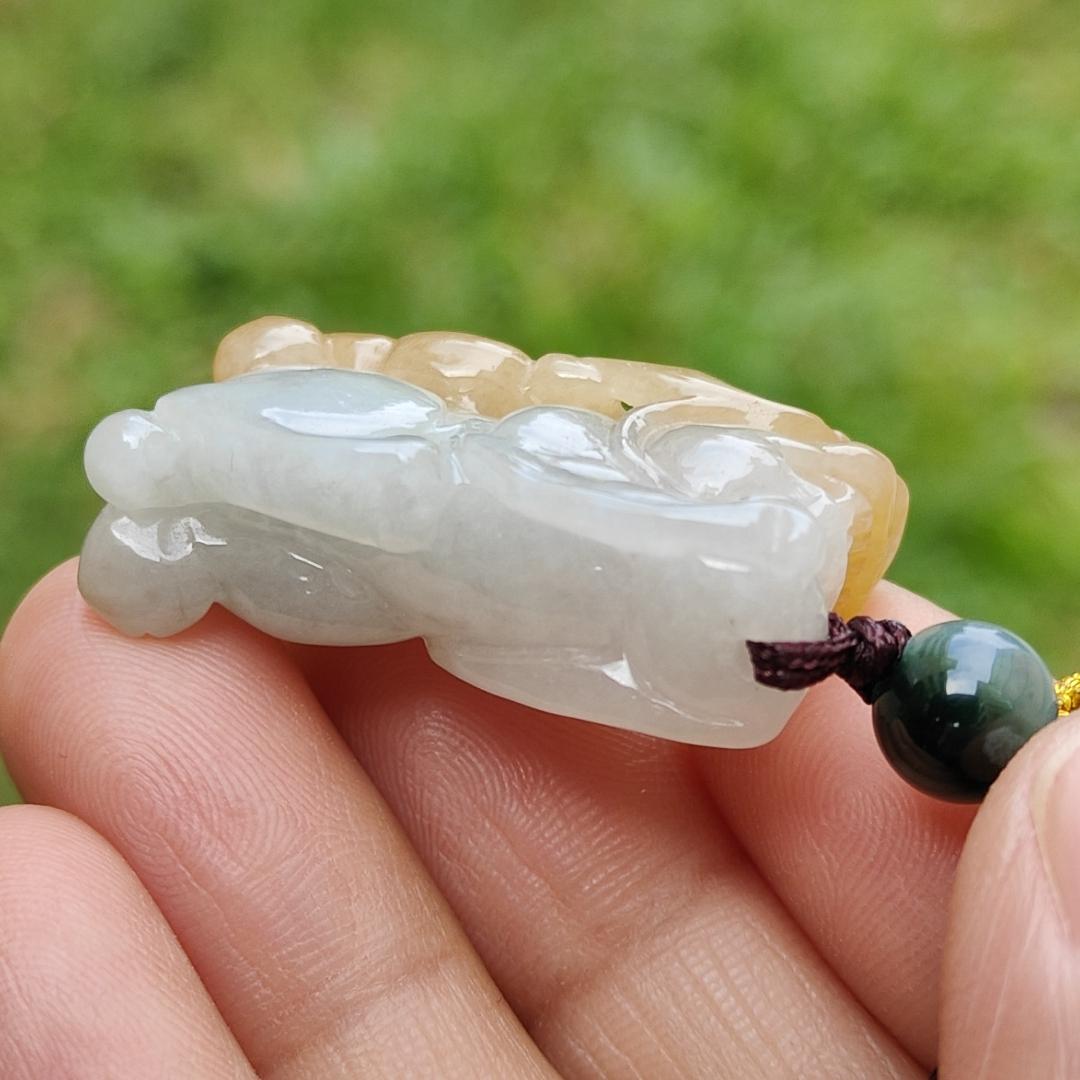 Glutinous Yellow and White Natural Type A Jadeite Pendant Necklace Crafted as Pixiu with certificate weigh 13.83 grams, 32 * 17.5 * 10.8 mm (pendant102)