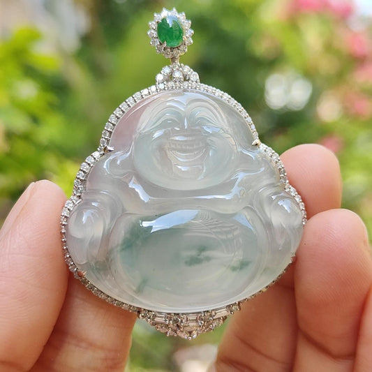 18k Gold pendant Setting with diamonds, 1 small green cabochon and floating flower cloud highly translucent Natural Type A jadeite with NGI Gemstone report weight 15.49 grams, 33.47 * 36.01 * 6.65 mm , 18k gold tested x-ray fluorescence method (18kp4)