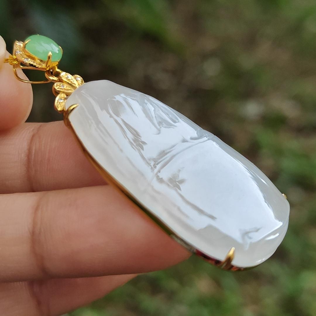 Icy Translucent Natural Type A Jadeite Jade crafted as Bamboo set on 18k gold with diamonds as Pendant, certificate weighs 9.99 grams, measurement 38.2 * 21.6 * 4.9 mm (18kp40)