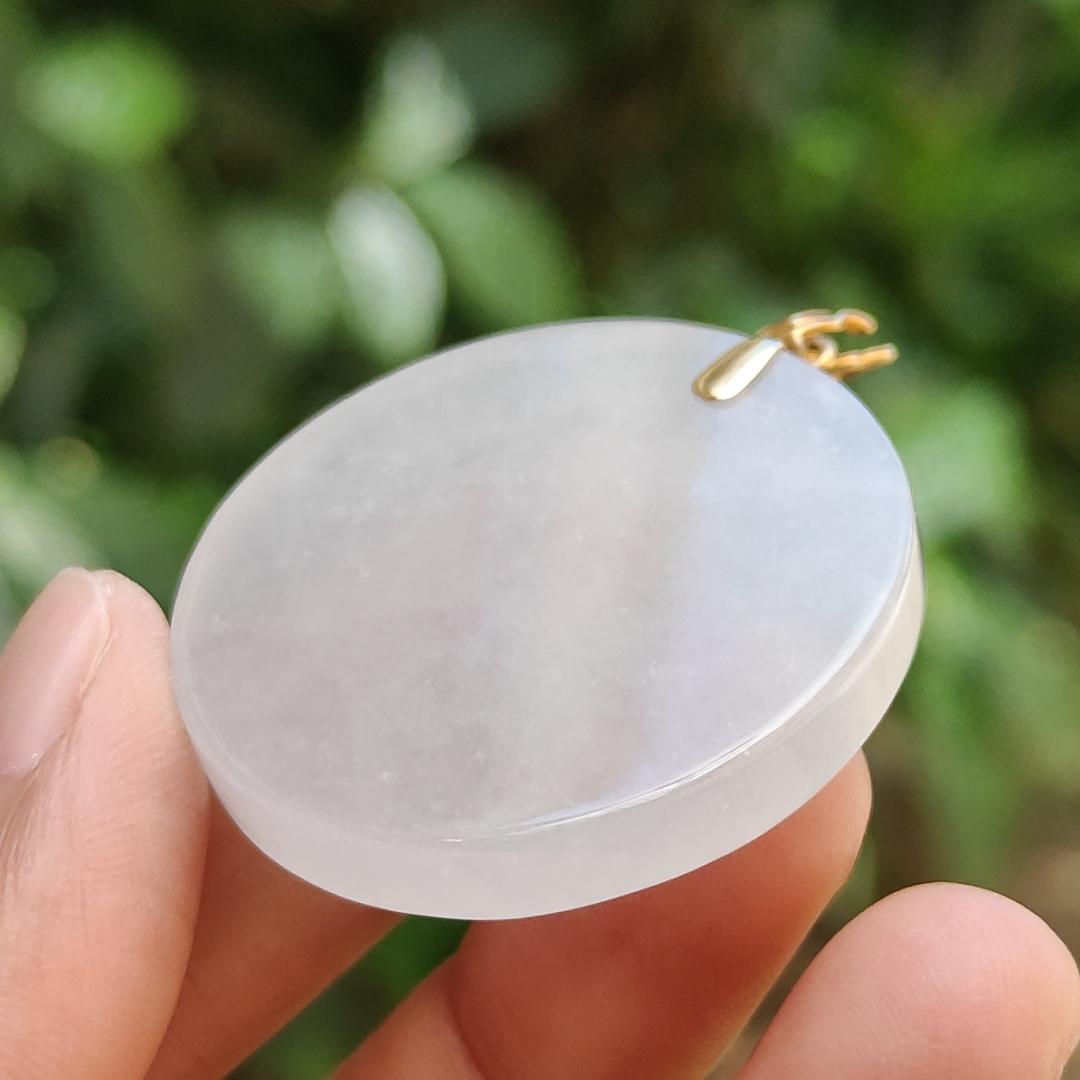 Mid-Year Special - Semi Icy Translucent Natural Type A Jadeite Jade crafted with round shape as Pendant with 18k Gold Clasp, certificate weigh 18.24 grams, measurement 35.2 * 5.5 mm (18kp32)