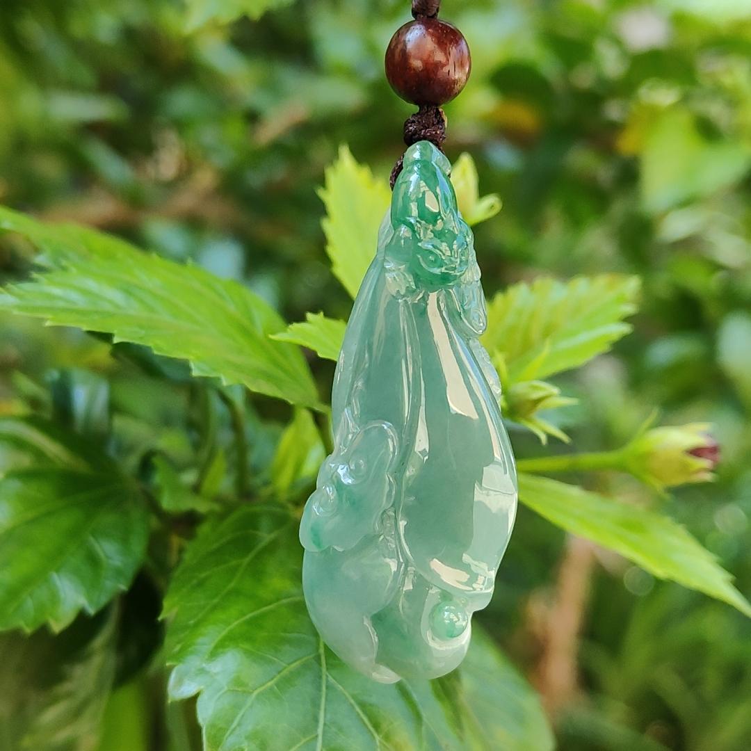 Very beautiful Full Green and Light Green Hue Natural Type A Jadeite Jade crafted with Three Legs Toad with coin and Ruyi with certificate weigh 16.97 grams, measurement 52.8 * 21.2 * 10.7 mm (pendant180)