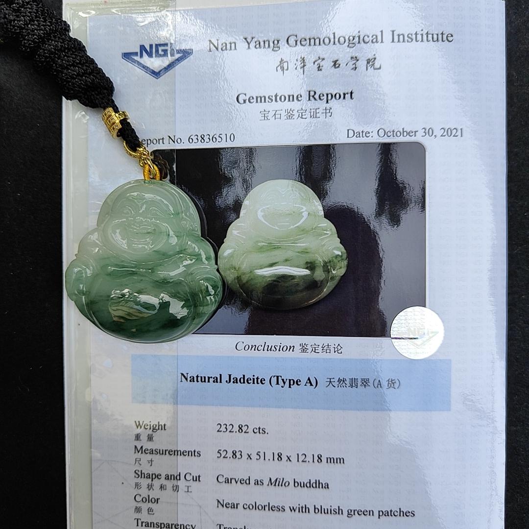 Rare, Hugh, Old Mine Translucent Floating bluish green patches Natural Type A Jadeite Pendant carved as Milo Buddha weight 232.82 grams, 52.83 * 51.18 * 12.18 mm, fine grain crystal aggregate suitable for daily wear with NGI Certificate (pendant143)