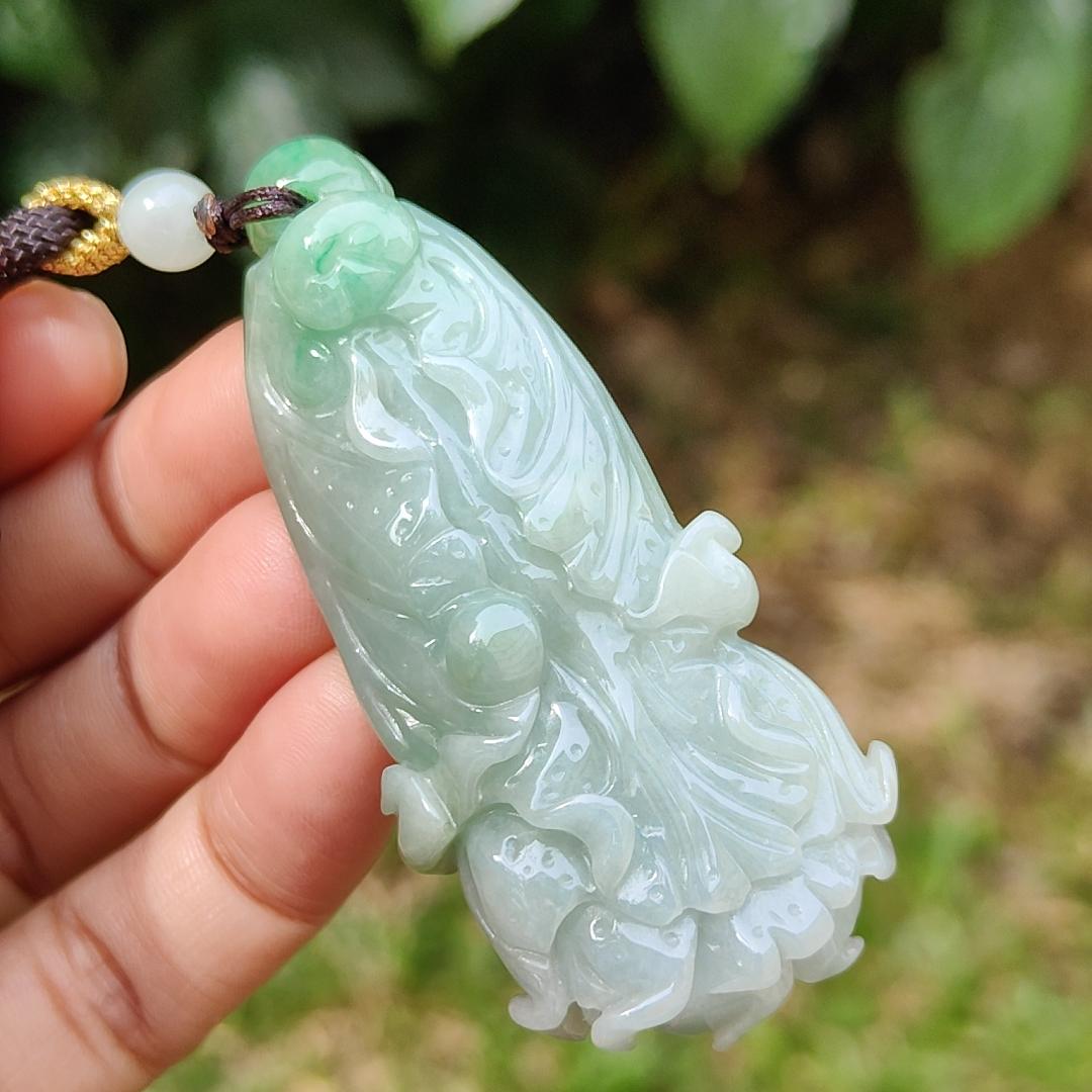 Good Quality Light Green Natural Type A Jadeite Jade crafted as Cabbage symbols of Lucks with Money as Pendant, certificate weighs 36.65 grams, measurement 62.5 * 28.6 * 13.1 mm (pendant267)