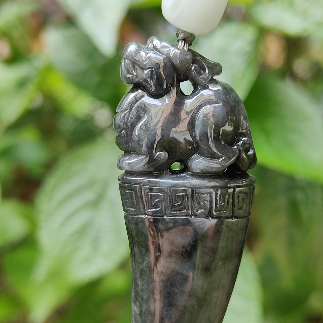 Black Wuji Natural Type A Jadeite Pendant Carved with Dragon Teeth plus Pixiu come with certificate weight 30.85, 70.3 * 23.1 * 13 mm (pendant100)