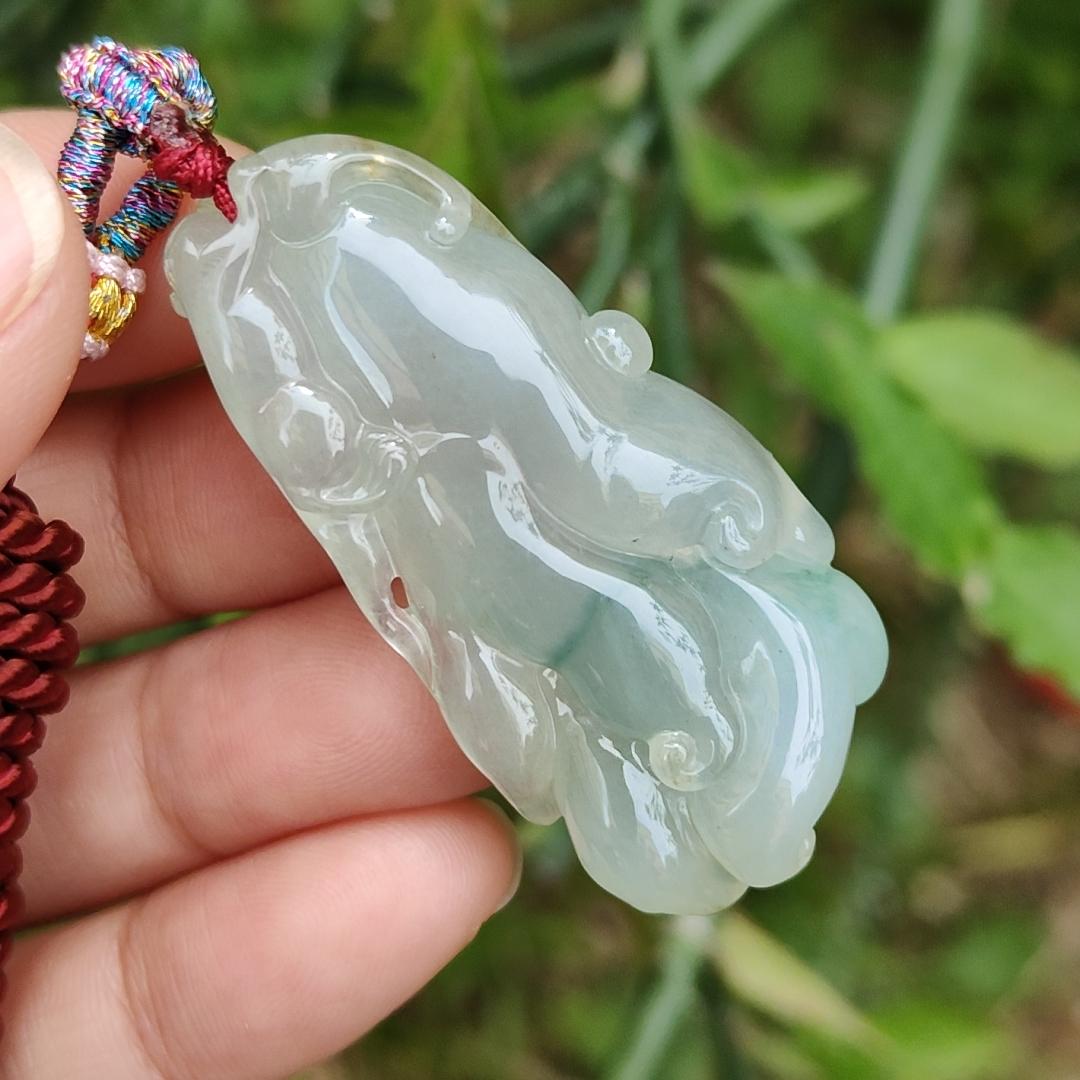 Icy with good translucent glossy texture Natural Type A Jadeite Pendant Necklace, Crafted with Monkey on Chayote symbols of Golden Monkey Brings Longevity and Double Blessings, certificate included weigh 16.84 grams, 44 * 21.3 * 11.8 mm, collectible jade