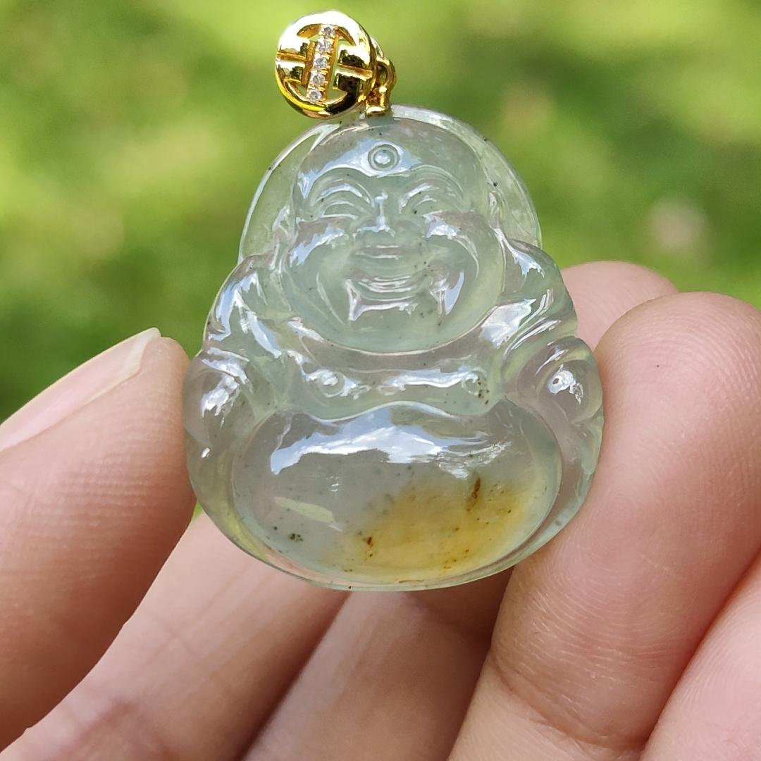 Rare Old Pit Icy Translucent with Yellow and Light Green Hue Collectible Natural Type A Jadeite Jade crafted as Milo Buddha added with 18k Gold Clasp as Pendant, certificate weighs 6.09 grams, measurement 26.8 * 23.2 * 6 mm (18kp63)