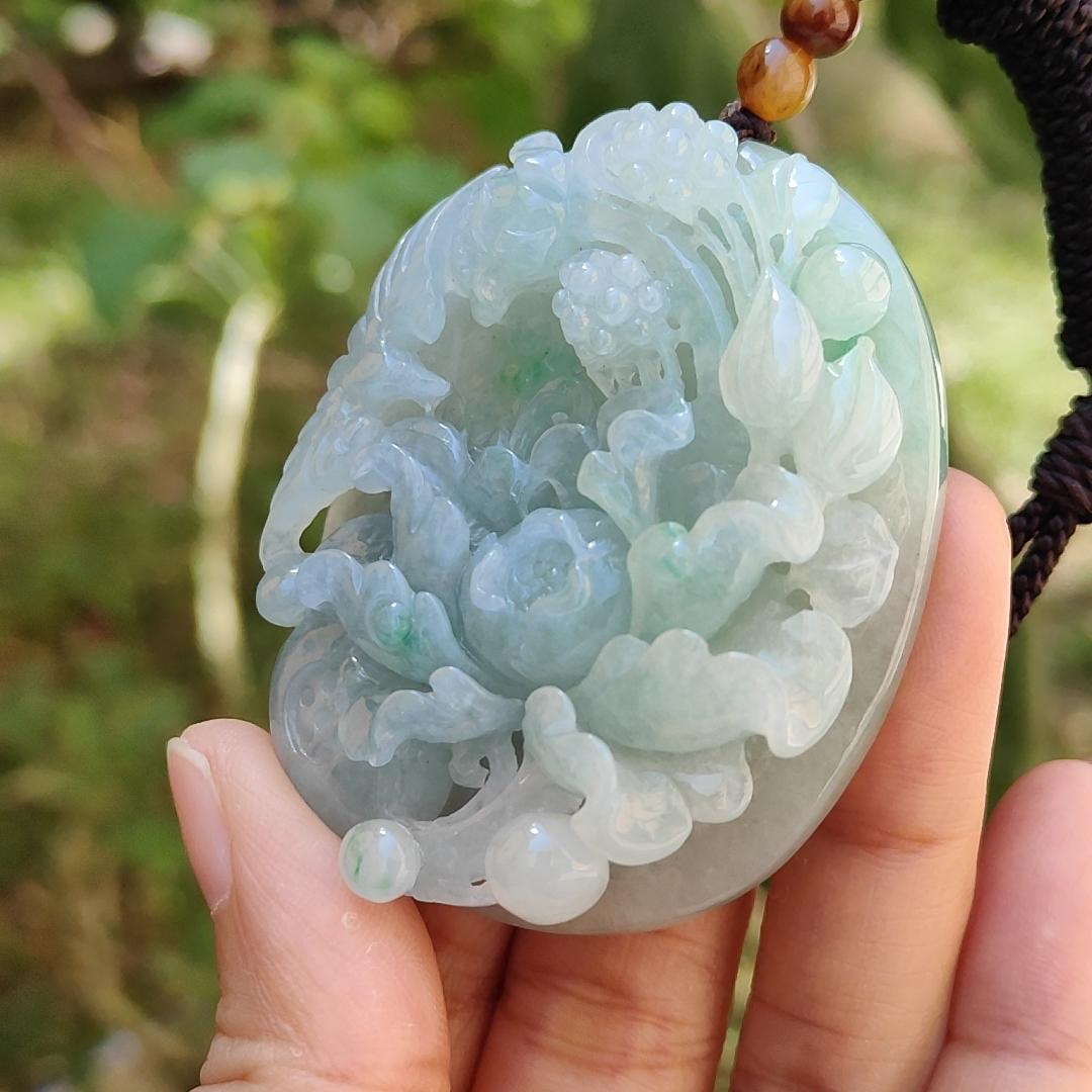 Green with Bluish Green Hue Natural Type A Jadeite Pendant Necklace crafted with Bird and flowers, symbols of Auspiciousness, blessing, Nature and vitality, certificate included weigh 69.39 grams, 55.2 * 45.8 * 15.8 mm, suitable for collection (pendant49)