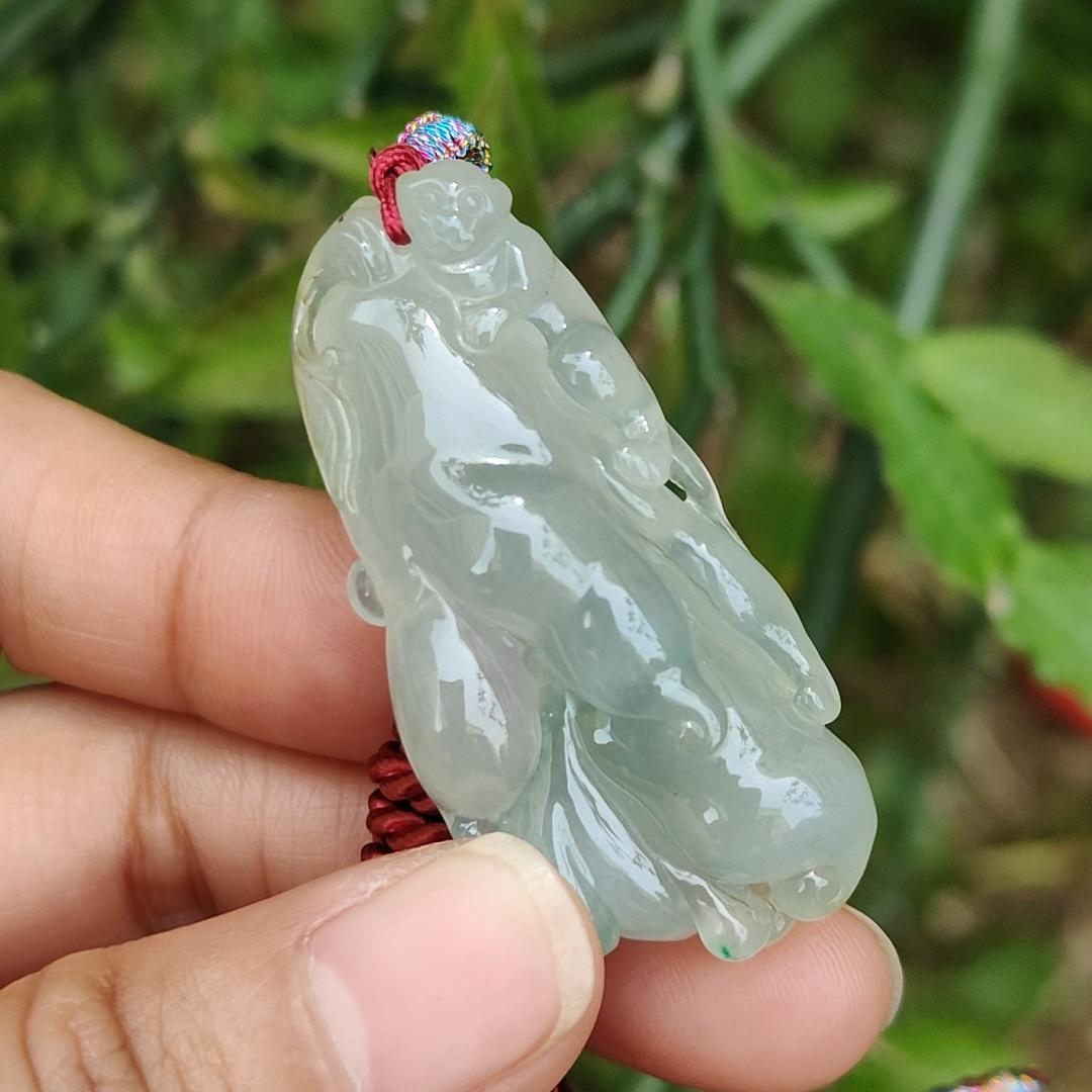 Icy with good translucent glossy texture Natural Type A Jadeite Pendant Necklace, Crafted with Monkey on Chayote symbols of Golden Monkey Brings Longevity and Double Blessings, certificate included weigh 16.84 grams, 44 * 21.3 * 11.8 mm, collectible jade