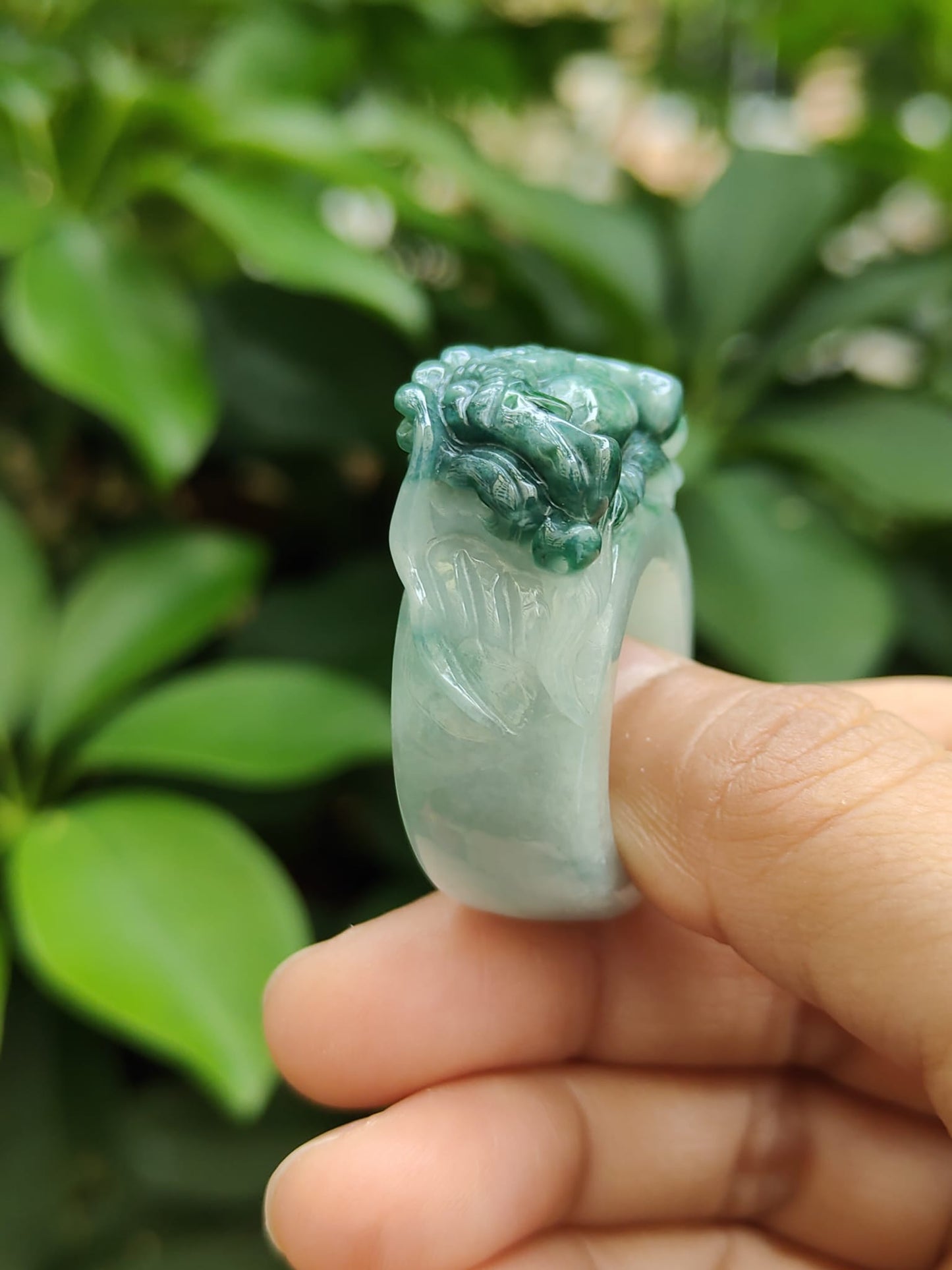 #Sold - Green with Green Hue Natural Type A Jadeite Jade crafted as Ring with Dragon, finger ring size 20.9 mm, certificate weighs 25.31 grams(ring9)