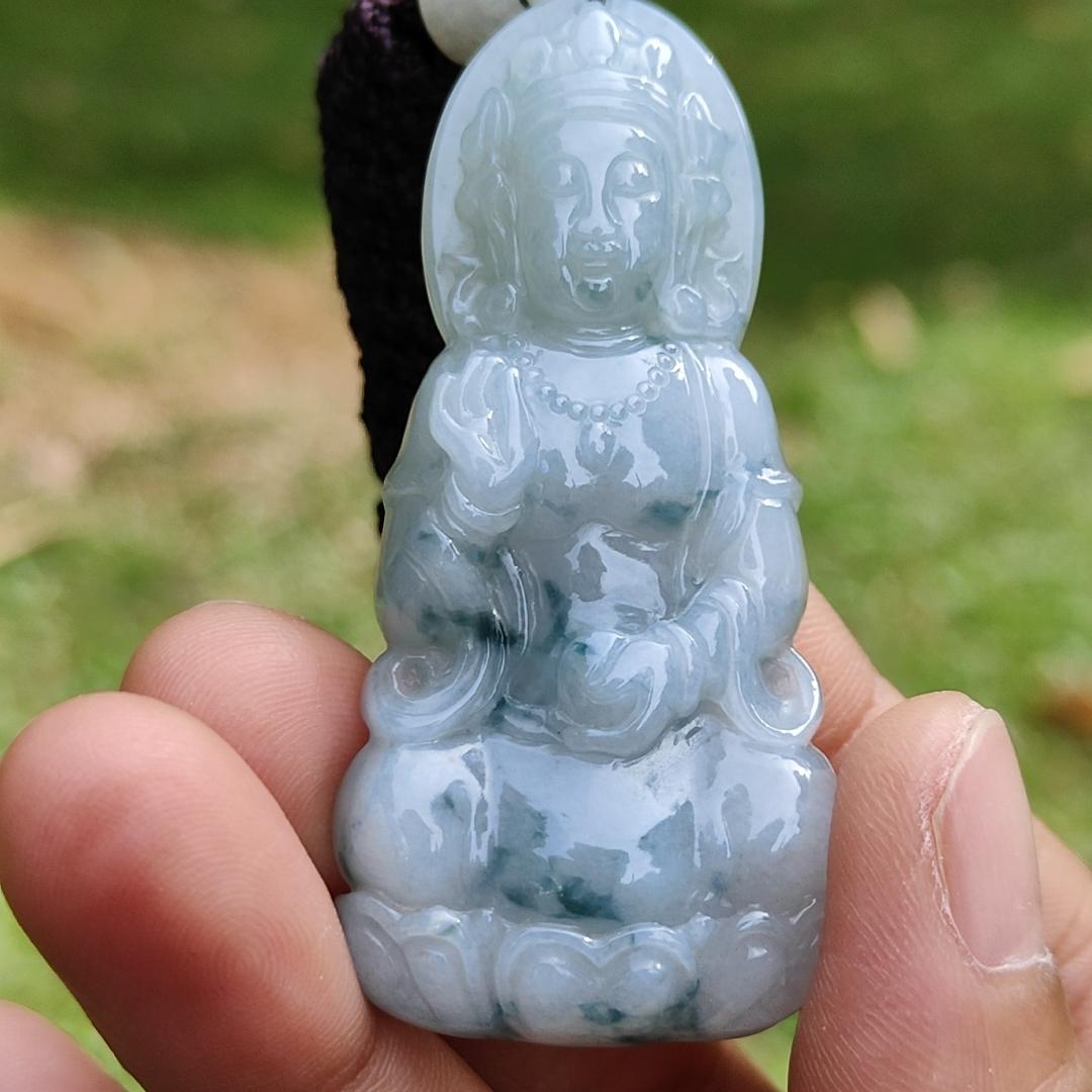 High Quality Light Green Floating Flower Natural Type A Jadeite Jade Crafted as Bodhisattva as Pendant, certificate weighs 19.12 grams, measurement 58.2 * 27 * 7.3 mm (pendant276)