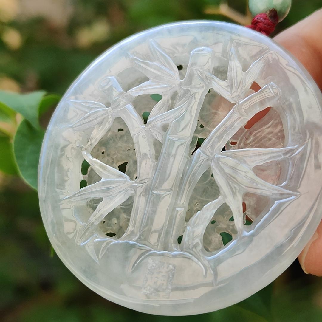 Highly Translucent Icy Natural Type A Jadeite Pendant Carved with Cranes, Pine Trees and Bamboo meaning Endurance, Perseverance and Never fading with Longevity, certificate included weighs 28.38 grams, 52.5 * 52.5 * 6.1 mm, for collection (pendant90)