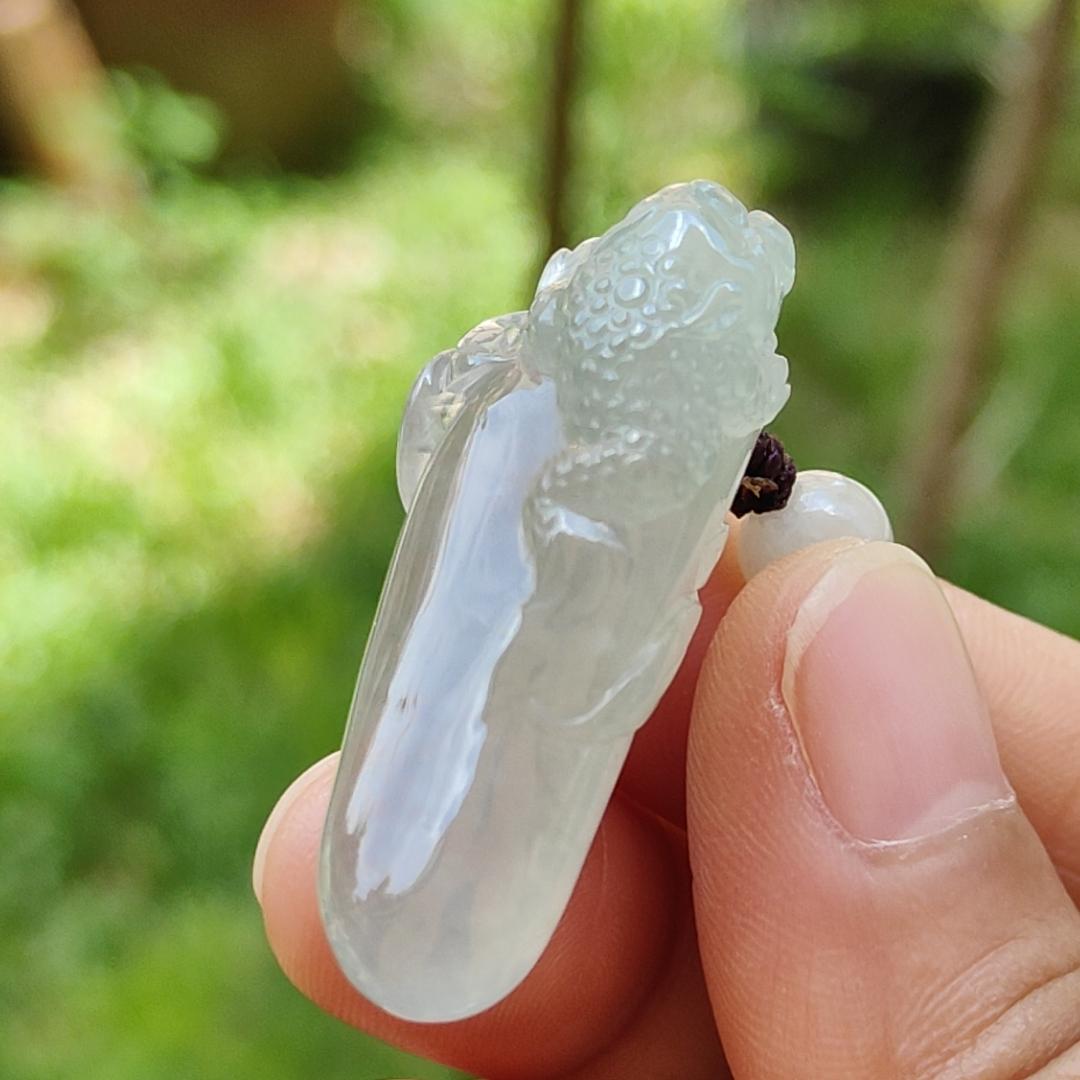 Premium Icy Translucent Natural Type A Jadeite Jade crafted with Three Legs Toad as Pendant, certificate weighs 12.37 grams, certificate weighs 12.37 grams, measurement 38.3 * 16.3 * 17.2 mm (pendant250)