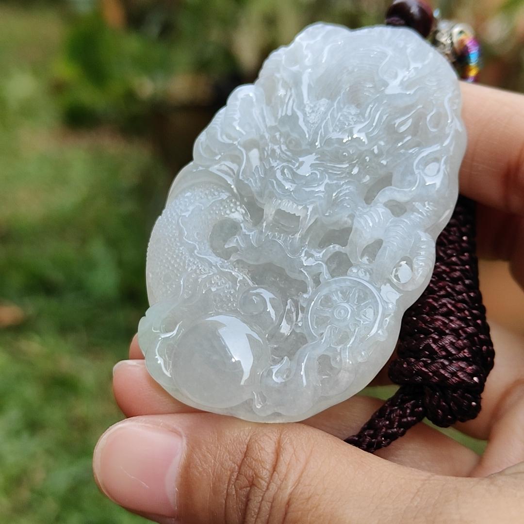 Semi Icy Premium Natural Type A Jadeite Jade crafted as Dragon with certificate weigh 49.63, measurement 64.8 * 42.5 * 10.5 mm (pendant190)