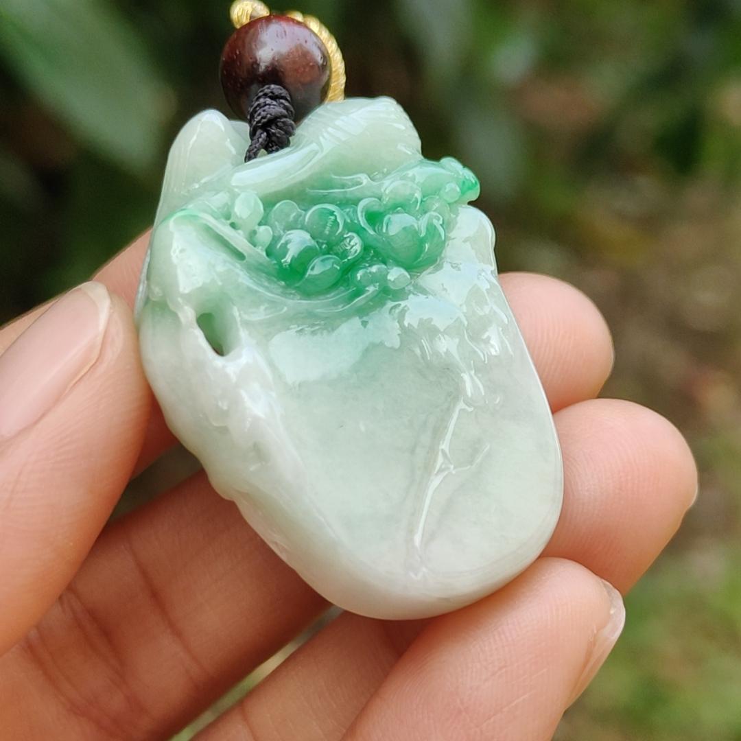 Beautifully crafted with birds and flower light green Natural Type A Jadeite Jade as Pendant, certificate weighs 18.63 grams, measurement 38.3 * 25.9 * 9.6 (pendant247)