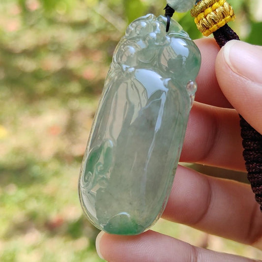 Premium Quality Icy Translucent Green with Green Patches Natural Type A Jadeite Jade crafted with Squirrel and Ruyi as Pendant, certificate weigh 17.83 grams, measurement 49.3 * 21 * 9.3 mm (pendant225)