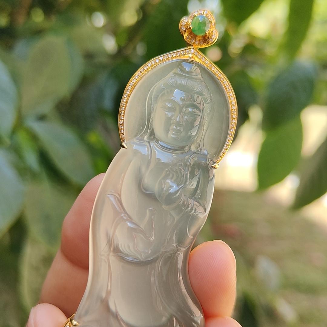 Super Rare Premium High Quality Light Green with Green Natural Type A Jadeite Jade crafted as Standing Guanyin set on 18k Gold with diamonds and one green cabochon, certificate weigh  27.19 grams, measurement 89.9 * 33.2 * 11.9 mm (18kp34)