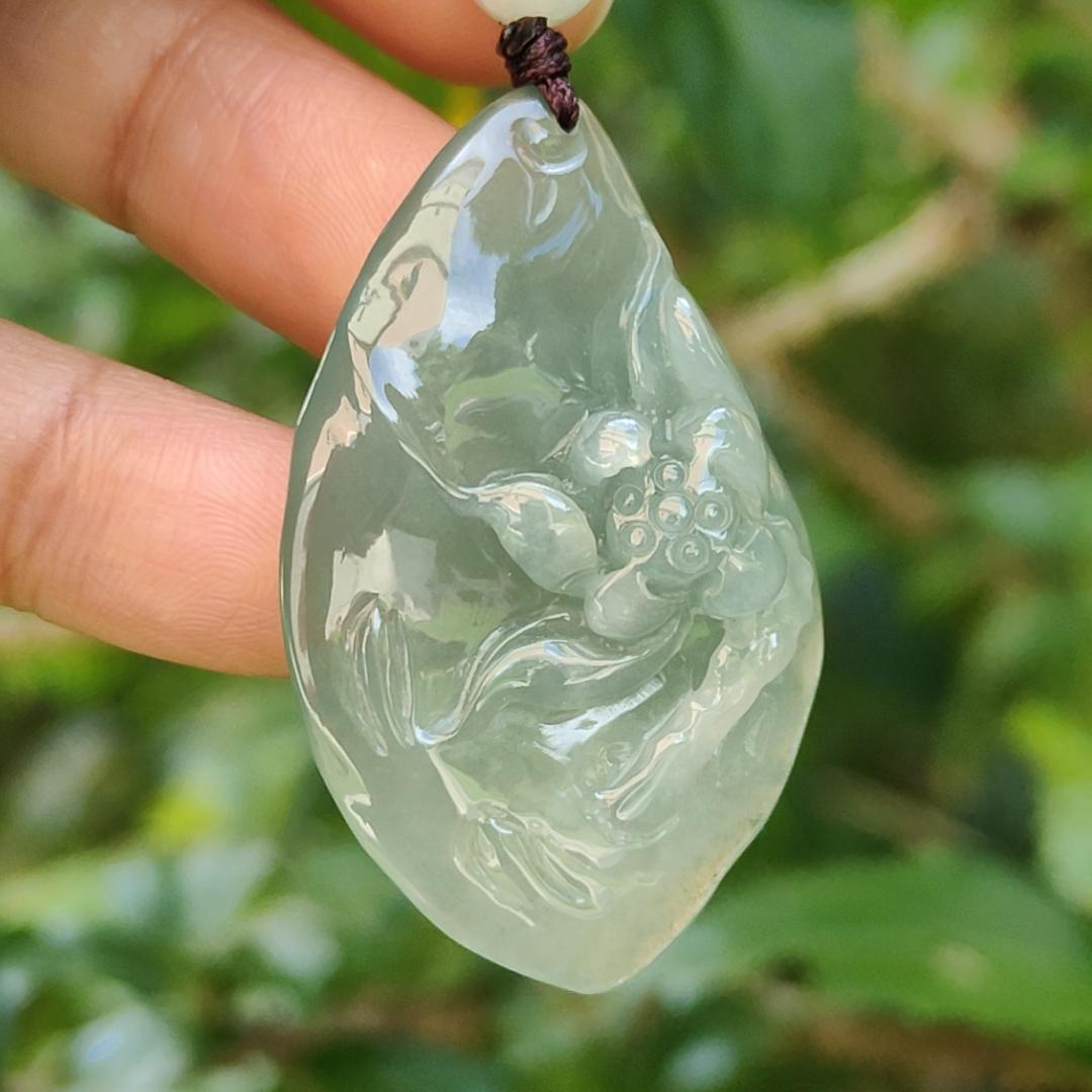 Quality Semi Icy Full Oil Green Natural Type A Jadeite Jade Pendant Necklace crafted with Lotus, certificate included weigh 12.07 grams, measurement 41.3 * 27 * 11 mm (pendant182)