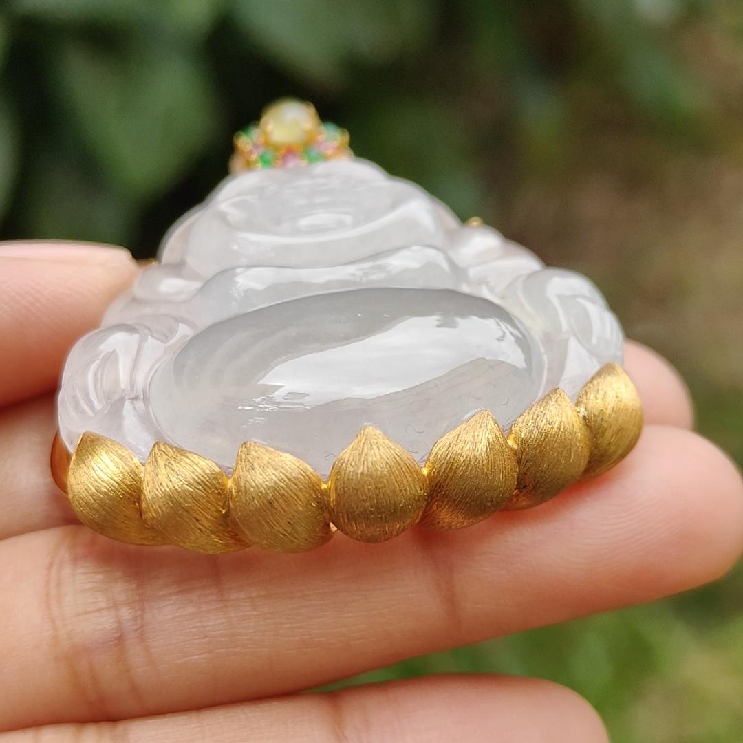 Premium Icy Translucent Natural Type A Jadeite Jade crafted as Milo Buddha set on 18k gold with diamonds as Pendant, certificate weighs 26.07 grams, measurement 38.8 * 40 * 7.2 mm, (18kp41)