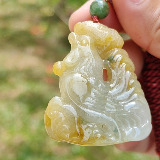 Premium Quality Yellow and Green Natural Type A Jadeite Jade crafted as Rooster with Ruyi as pendant necklace with certificate weigh 17.7 grams, measurement 41.6 * 34.8 * 7.5 mm (pendant208)