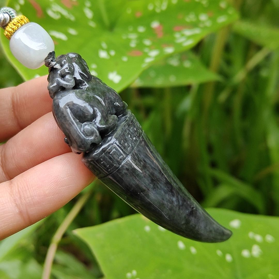 Black Wuji Natural Type A Jadeite Pendant Carved with Dragon Teeth plus Pixiu come with certificate weight 30.85, 70.3 * 23.1 * 13 mm (pendant100)