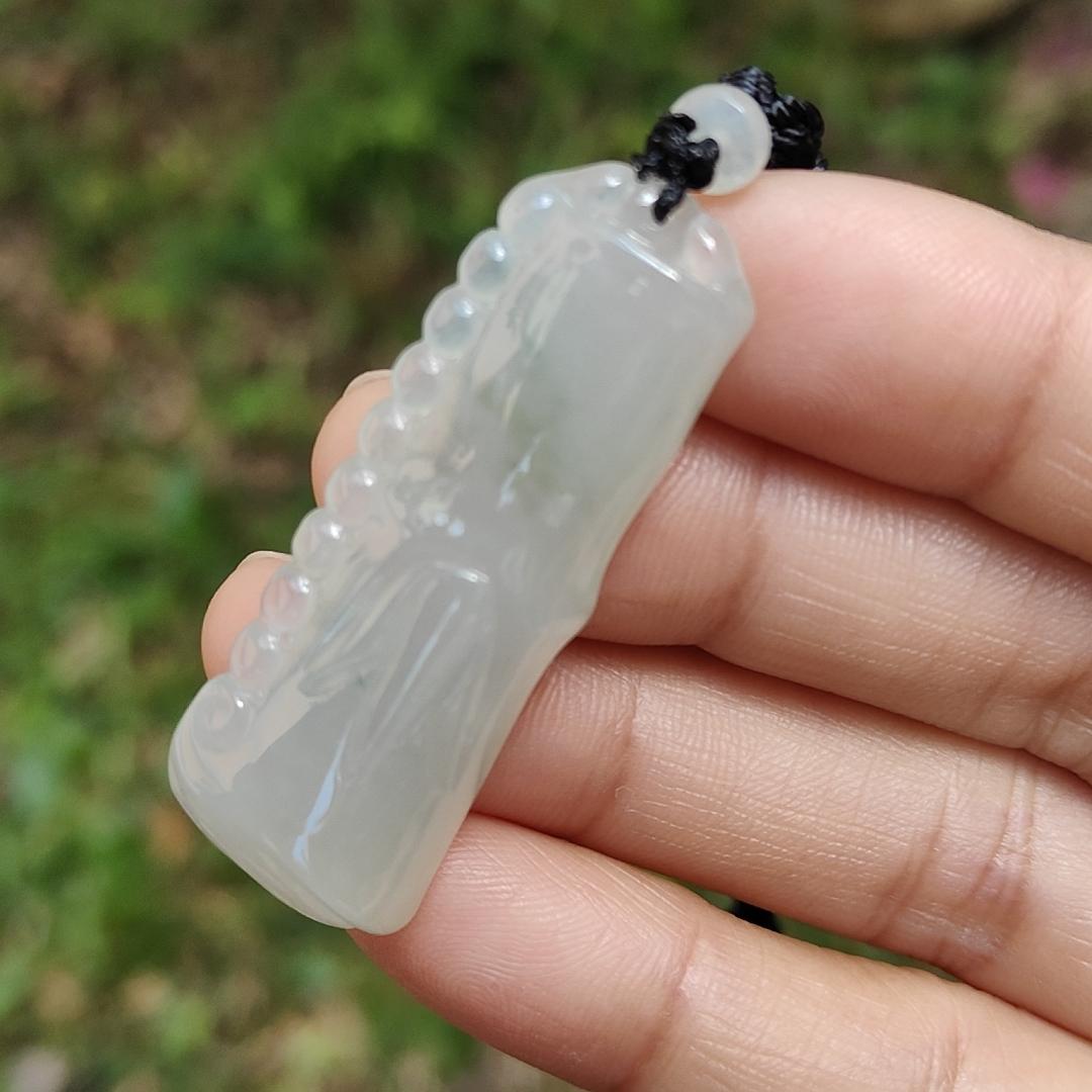 Special Offer Price Semi Icy Bamboo Natural Type A Jadeite Pendant Necklace with QIC approved labs certificate weigh 13.67 grams, 44.3 * 16 * 8.7 mm, symbols of Rising higher and everlasting, suitable for daily wear (pendant53)