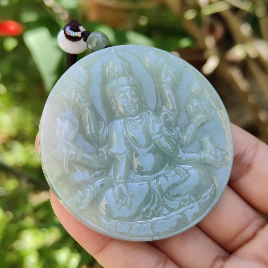 Light Green Natural Type A Jadeite Pendant Necklace crafted as Thousand Hands Guanyin with certificate weigh 48.82 grams, 57.6 * 57.6 * 7.2 mmsymbols of Eliminate obstacles and resolve all disasters, peace and auspiciousness for daily wear (pendant43)