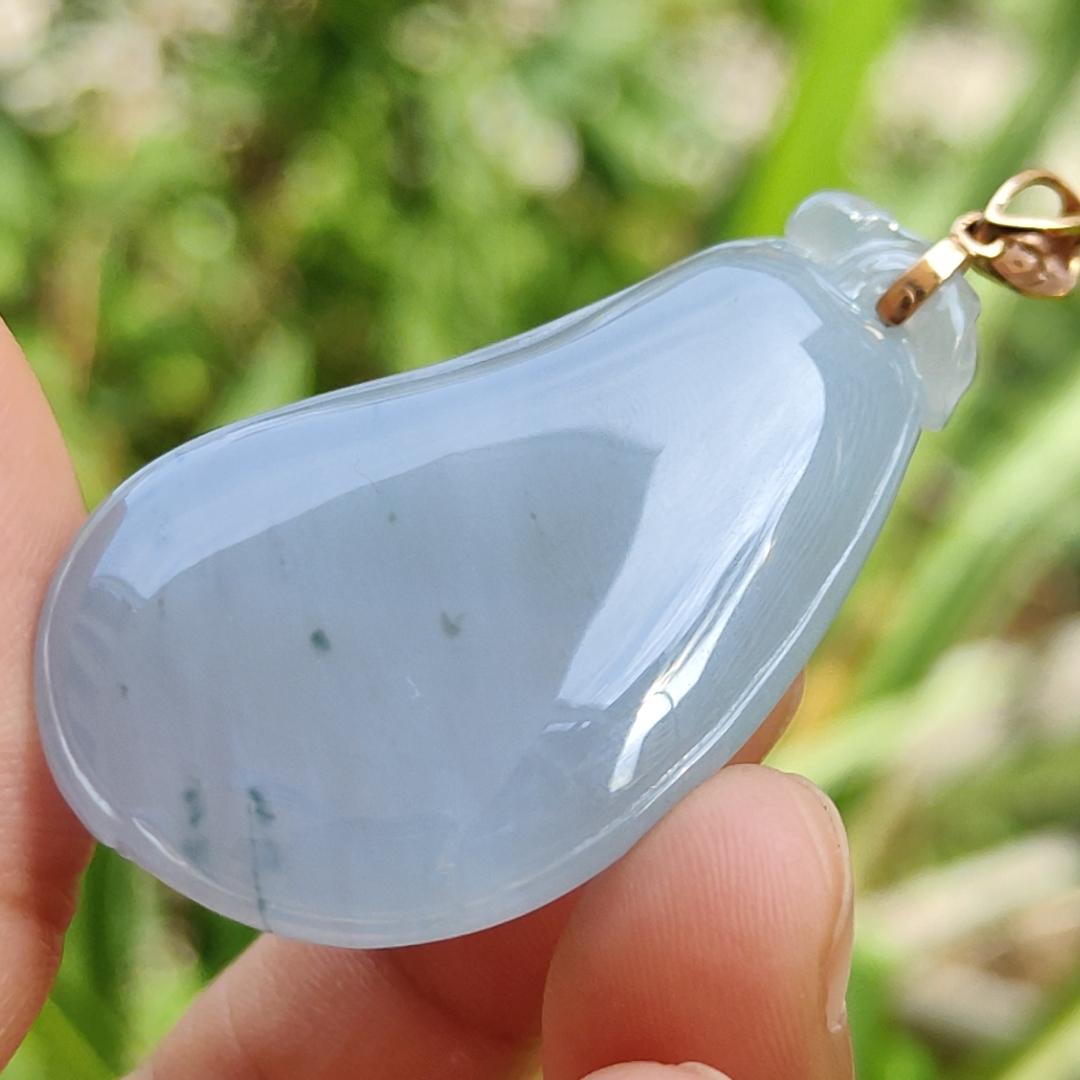 High Quality Light Lavender with Light Green Natural Type A Jadeite Jade crafted as shape of Fugua set with 18k Gold Clasp as Pendant, certificate weighs 23.61 grams, measurement 44.8 * 25.2 * 12 mm (18kp47)