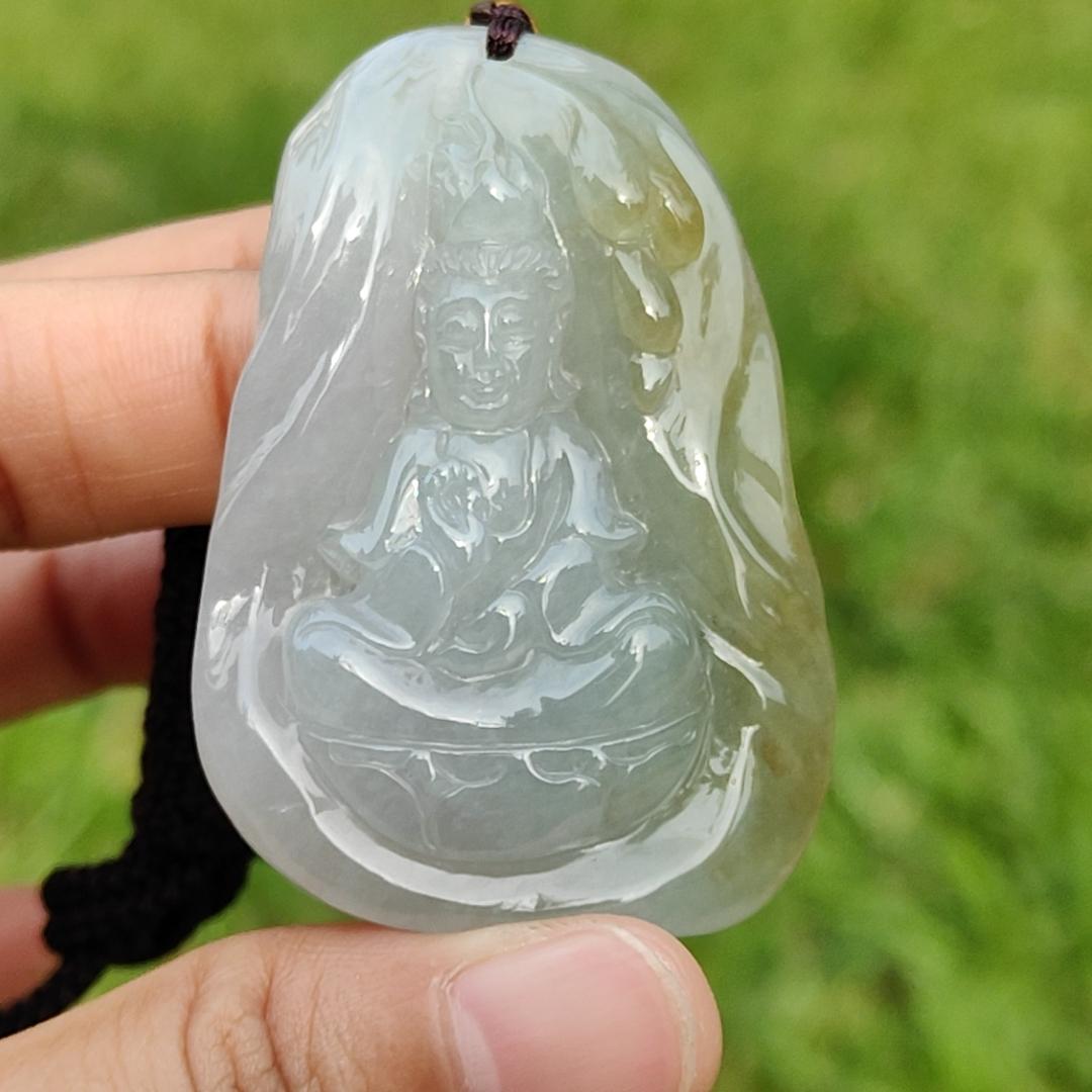 Light Green and Yellow Natural Type A Jadeite Jade Pendant Necklace crafted with Guanyin, certificate included weigh 34.84 grams, Measurement 52 * 35.9 * 11.1 mm (pendant176)