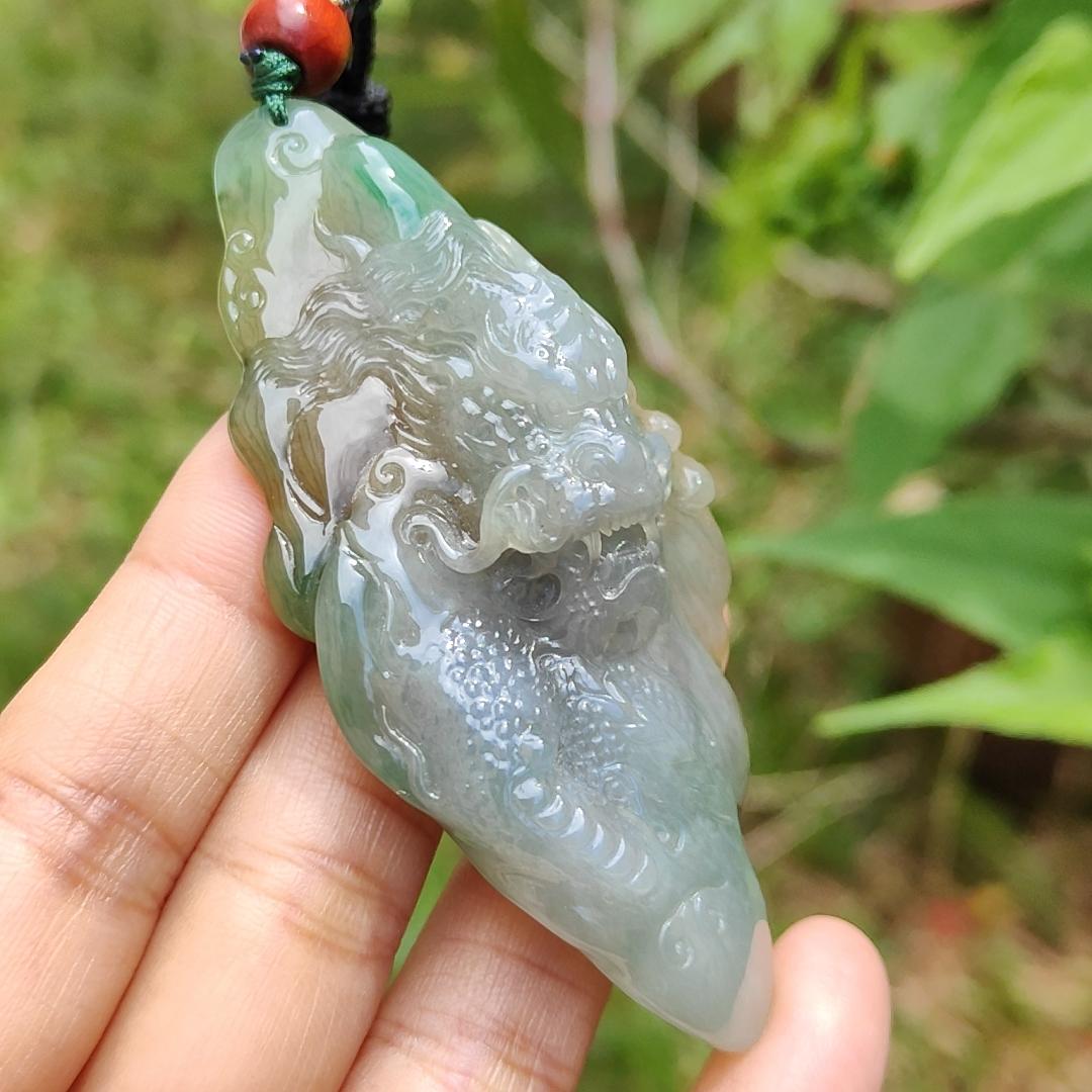 Super Rare Hugh Green and Yellow Natural Type A Jadeite Pendant Necklace Crafted with a Domineering Dragon symbols of Rise step by step, rise rapidly, with certificate weigh 44.19 grams, 77.2 * 37.5 * 15.8 mm (pendant25)