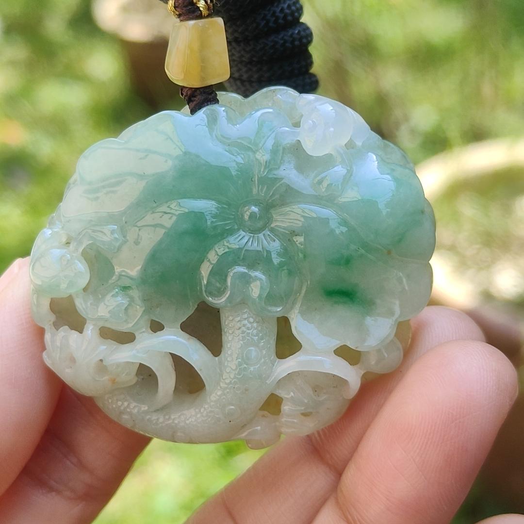 Rare Quality Yellow and Green Natural Type A Jadeite Jade beautifully crafted with frog and lotus old school hollow style, certificate weigh 27.08 grams, measurement 41.6 * 48 * 11 mm (pendant209)