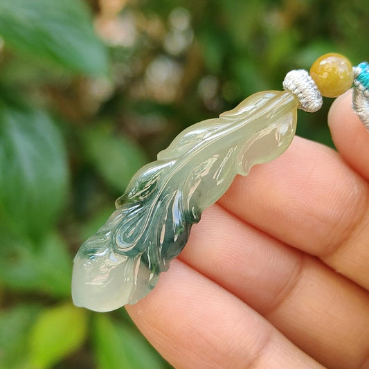 Green with Yellow two colors Natural Type A Jadeite Pendant carved as the Phoenix feather with QIC approved labs certificate weighs 5.83 grams, 40.2 * 12.7 * 4.8 mm, phoenix feather Symbol of Prosperity and Wealth, Harmony Bliss in Marriage (pendant82)