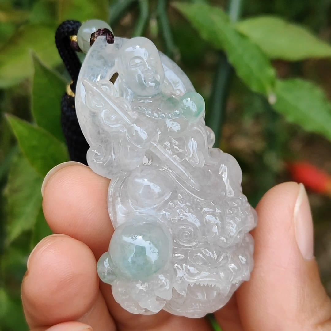 Icy Variety with Glossy Good crafted as Translucency Ksitigarbha Bodhisattva Pendant Necklace with green patches, a Natural Type A Jadeite with certificate included weigh 31.44 grams, 53.3 * 33.2 * 12.3 mm, good for collection or daily wear