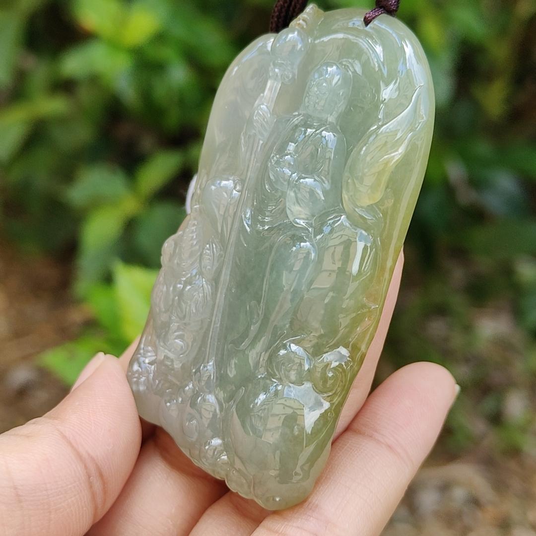 King of the inferno Special Premium Natural Type A Jadeite with Light Green and Yellow come with certificate weight 76.35 grams, 69.50 * 44.30 * 12 mm, very fine translucent rare jadeite pendant for collection (pendant98)